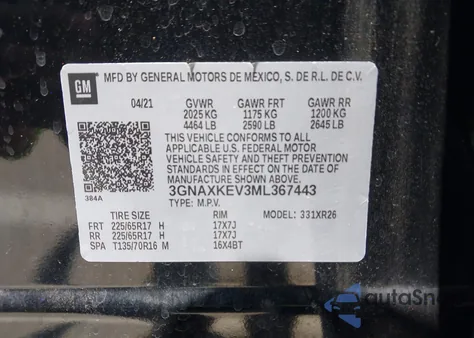 2021 Chevrolet Equinox Fwd Lt z USA, uszkodzony, nr VIN 3GNAXKEV3ML367443